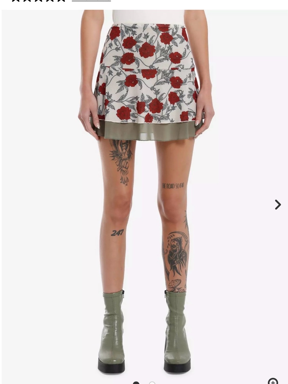 Hot Topic Red Floral Cream Mini Skirt with Olive Trim